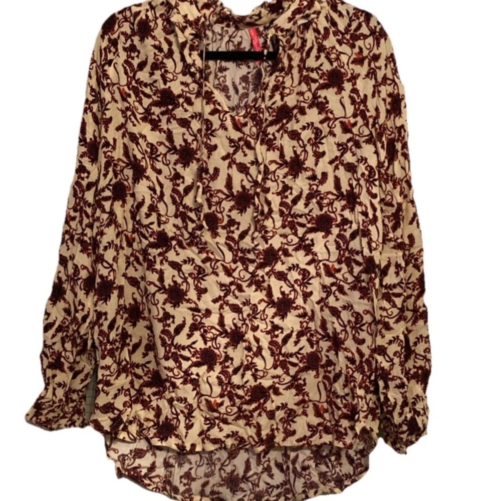Ruby Ribbon Meadow Blouse Top Size XL Floral Long Sleeve Tunic Ruffle Neck
